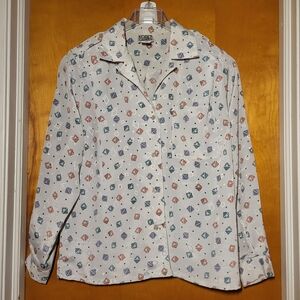 Vintage 90s Light Gray Button-Down Long-Sleeve Shirt With Geometric Pattern